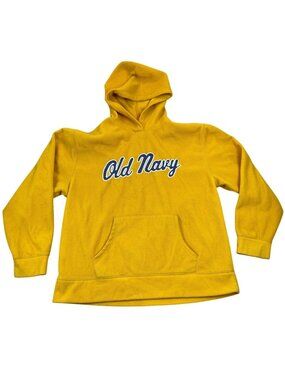 Old Navy Men's Hoodie Sweatshirt XL Yellow Pullover Fleece Embroidered Vintage